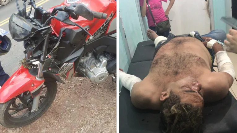 Motocicleta em que Milionário estava e ele aguardando atendimento médico