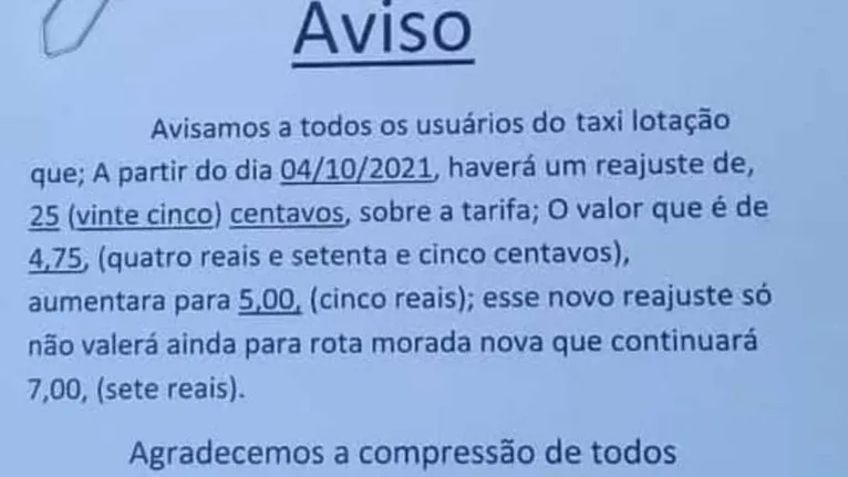 Tarifa do táxi-lotação será reajustada a partir de segunda 