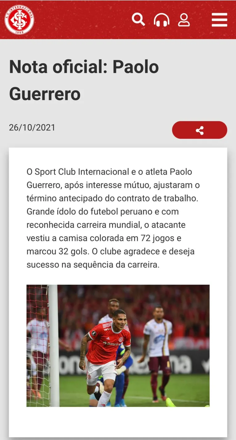 Inter rescinde contrato com Paolo Guerrero