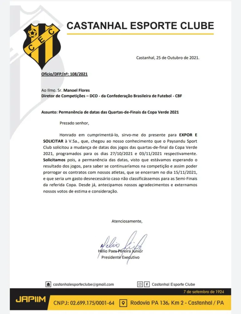 Ofício enviado pelo Castanhal para o diretor de competições da CBF, Manoel Flores, divulgado com exclusividade pelo DOL.