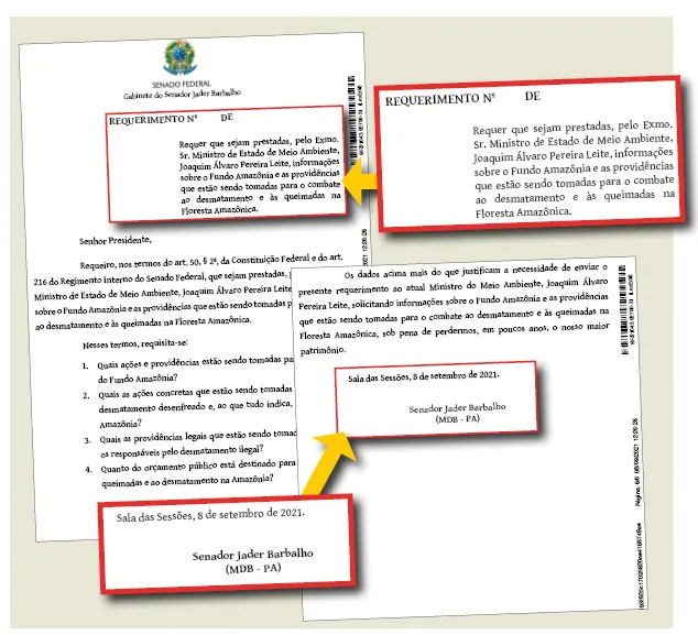Requerimento enviado por Jader (abaixo) cobra informações detalhadas sobre ações tomadas pelo ministério para reduzir queimadas e os recursos enviados
