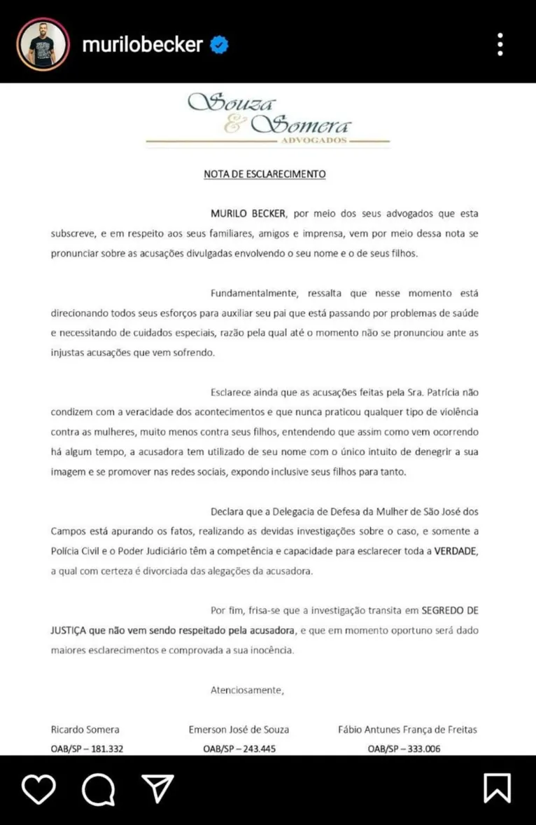 Nota assinada pelos advogados do pivô Murilo Becker