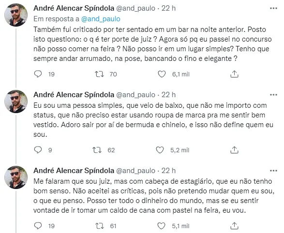 Sequência de publicações feitas pelo juiz em seu perfil no Twitter