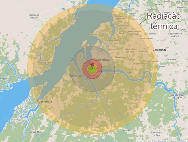 A radiação térmica viajaria cerca de 60 km e causaria queimaduras de terceiro grau em quem estivesse nessa área