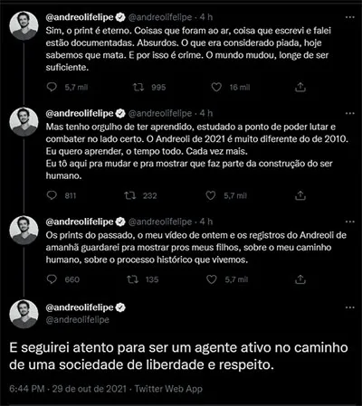 Posicionamento do apresentador foi publicado em seu perfil nas redes sociais