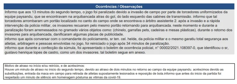 Invasão, destruição e BO: leia a súmula do jogo do Paysandu