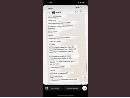 Print de tele do WhatsApp, com mensagens atribuídas a Simone Medina, publicado pelo site Metrópoles
