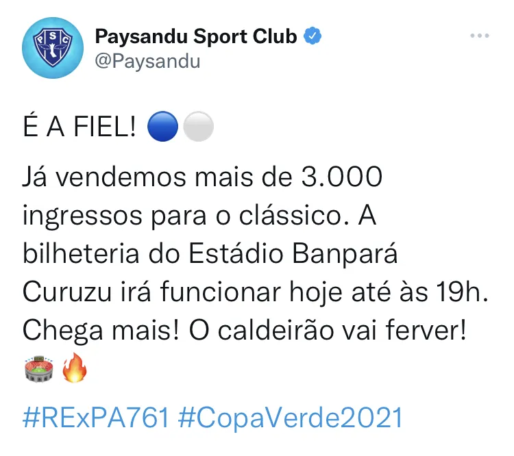 Paysandu já vendeu mais de 3 mil ingressos para o Re-Pa