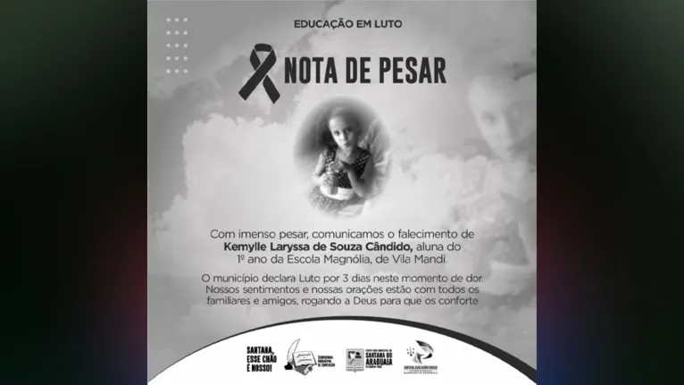 A Prefeitura de Santana do Araguaia decretou Luto por 3 dias pela morte da menina