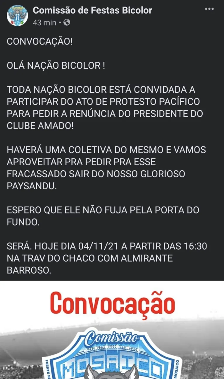 Perfil de torcida organizada anunciando protesto