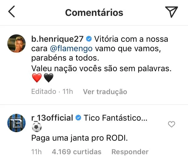 Rafinha 'invade' post de Bruno Henrique e manda recado