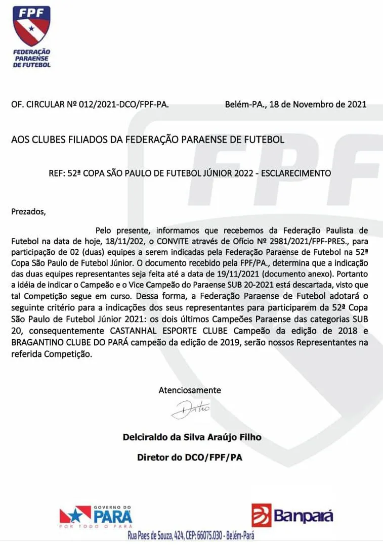 Bragantino e Castanhal vão disputar a Copinha de 2022.