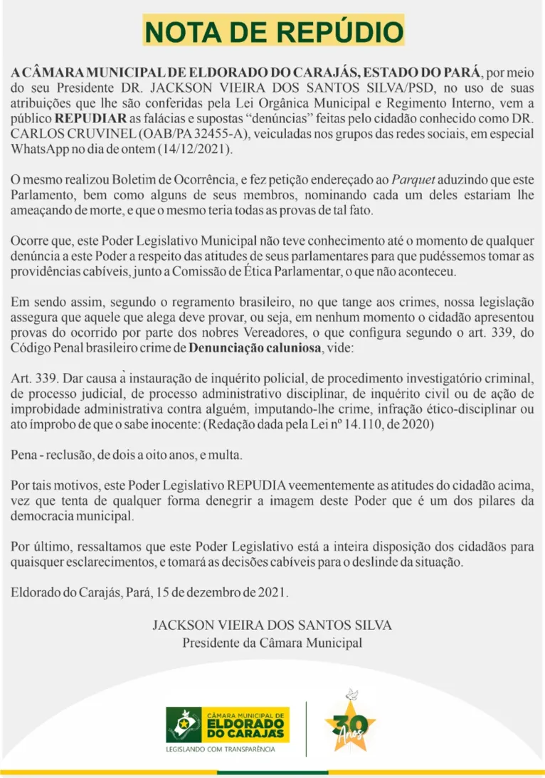 Nota foi divulgada nesta quarta (15) 