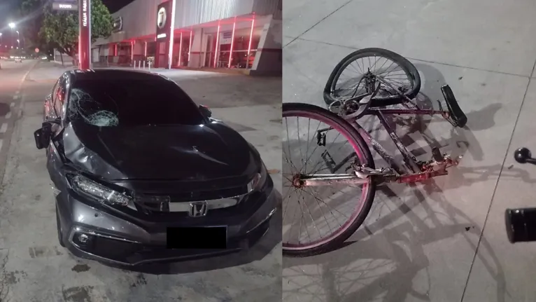 O impacto foi tão forte que parte do carro ficou destruída e a bicicleta da vítima ficou bastante retorcida.