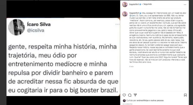 Tiago Leifert bate boca com ator global por causa do BBB