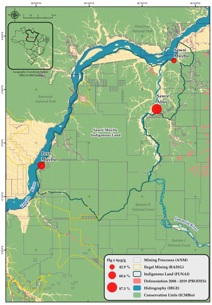 Área do estudo da Fiocruz, com a localização das 3 aldeias (pontos vermelhos). 