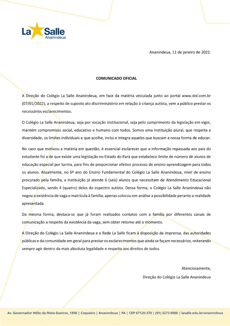 Escola diz que não negou vaga a aluno autista em Ananindeua