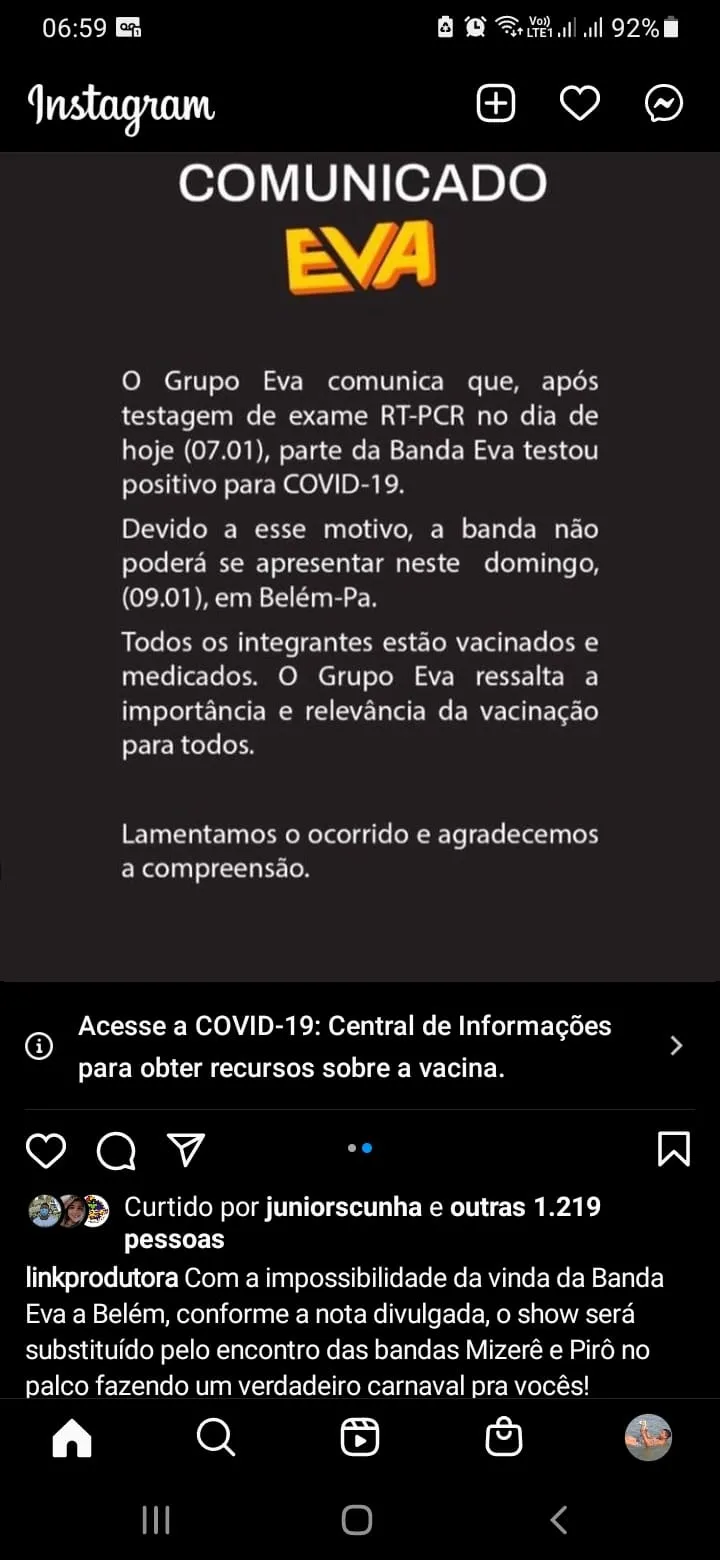 Banda Eva testa positivo para covid e cancela show em Belém