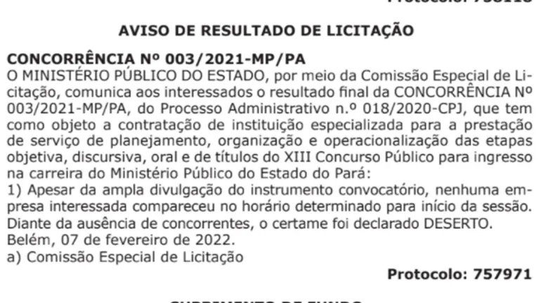 Resultado da licitação publicado, hoje, no DOE.