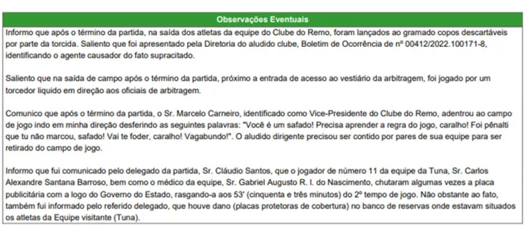 Súmula tem xingamento de dirigente e depredação no Baenão