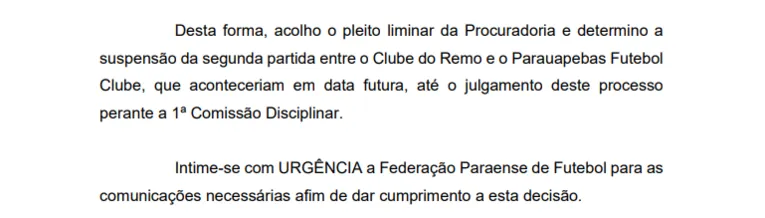 Documento determinando a suspensão do jogo da volta