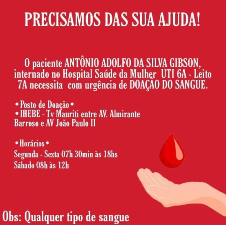 Paciente precisa de doação de sangue com urgência em Belém 