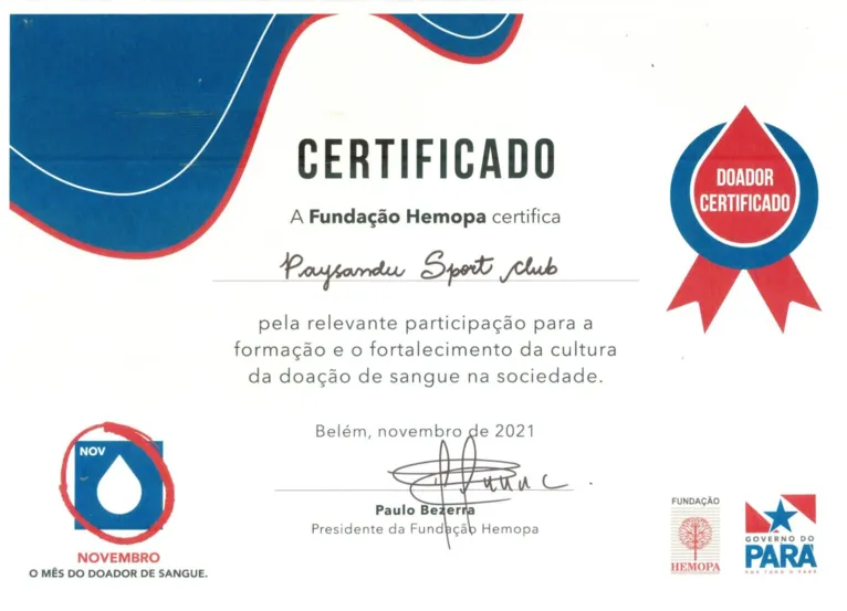 Certificado recebido pelo Paysandu em 2021