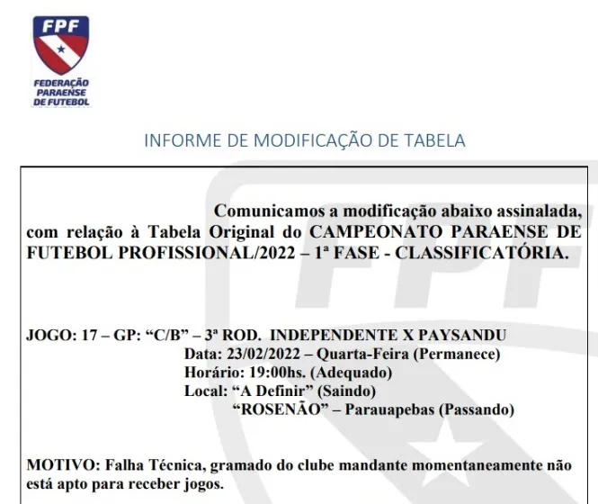 Jogo entre Independente e Paysandu é confirmado pela FPF