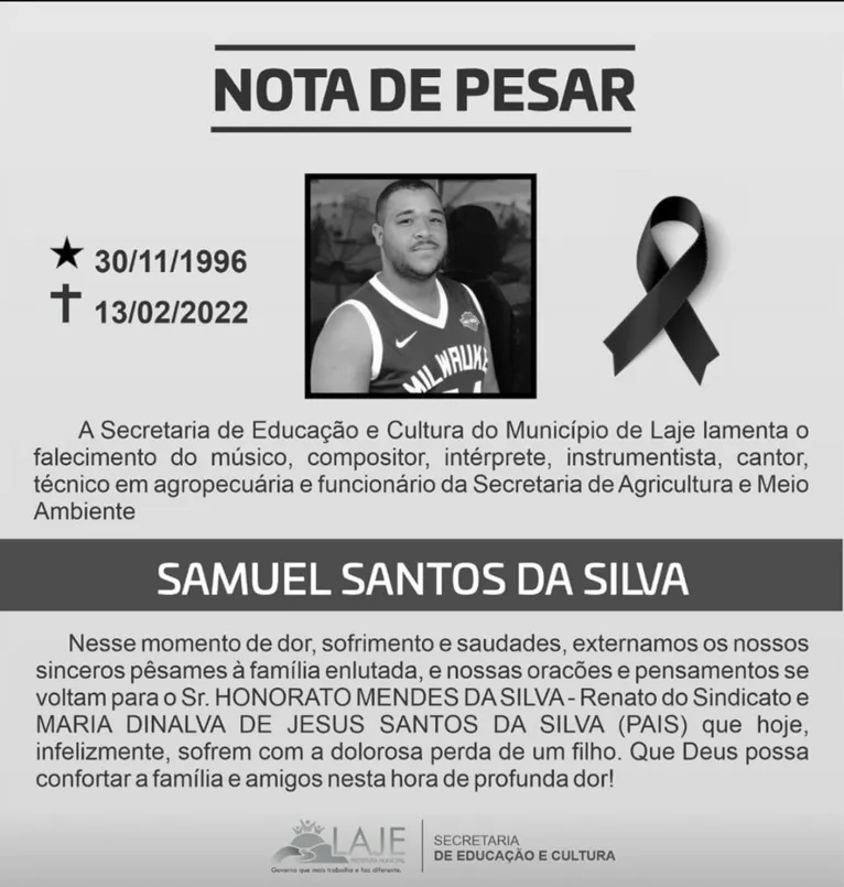 refeitura divulga nota pela morte de Samuel