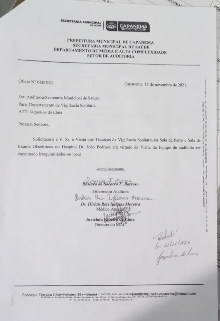 Documento com o pedido da Prefeitura de Capanema solicitando a inspeção da Vigilância Sanitária da Sespa.