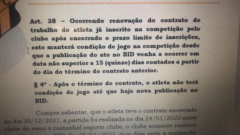 Parte da petição processual do Castanhal que alega irregularidade do meia Pedro Sena, do sub 20 do Clube do Remo.