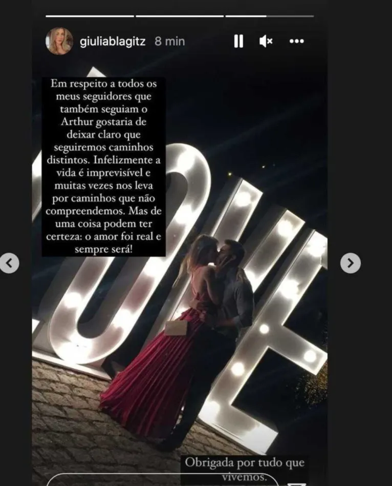 Publicação foi feita por Giulia em sua rede social, mas apagada posteriormente