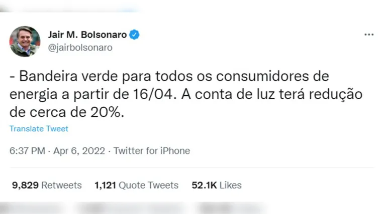 O presidente Jair Bolsonaro publicou em sua conta do Twitter a informação