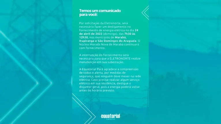 Marabá terá desligamento de energia no domingo (24)