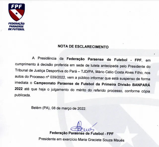 FPF divulga nota após paralisação do Campeonato Paraense