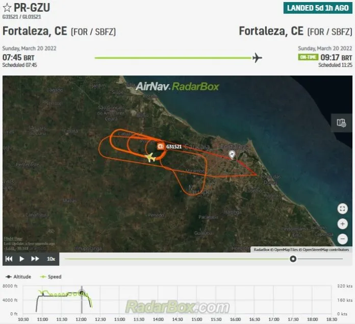 Trajetória da aeronave envolvida no incidente