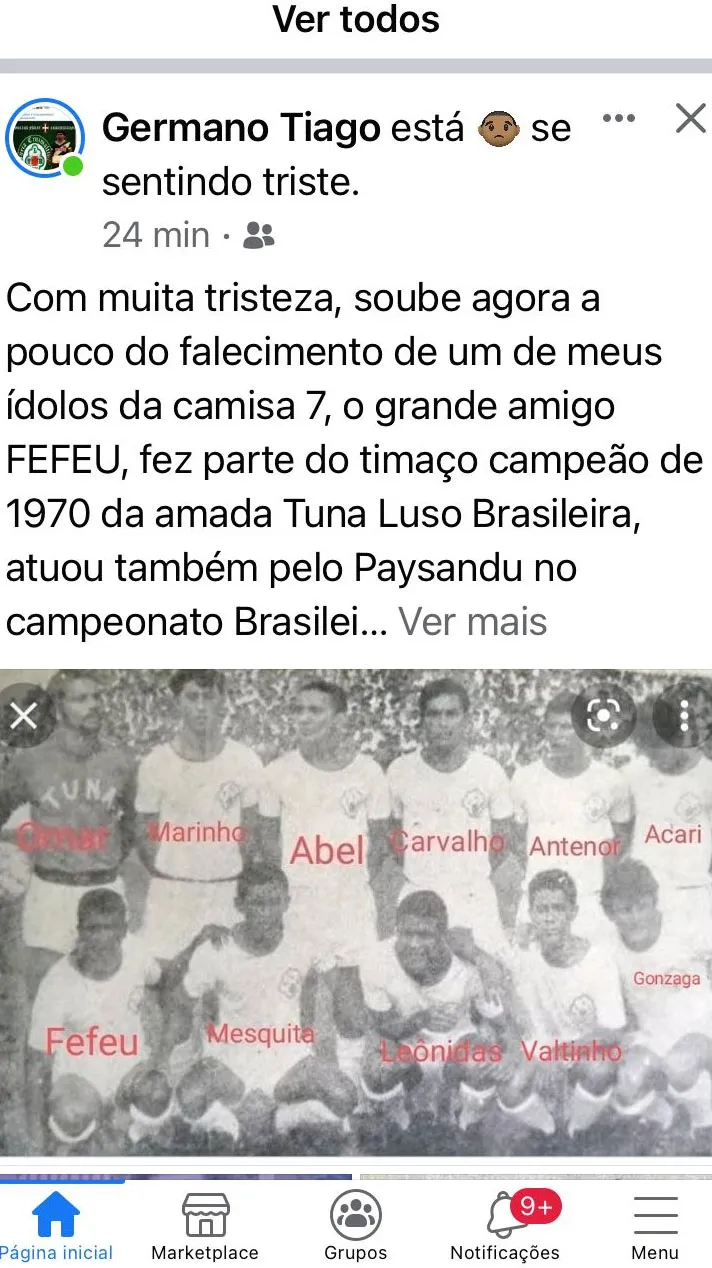 Ex-atacante Tiaguinho lamentou o falecimento do ídolo Fefeu.