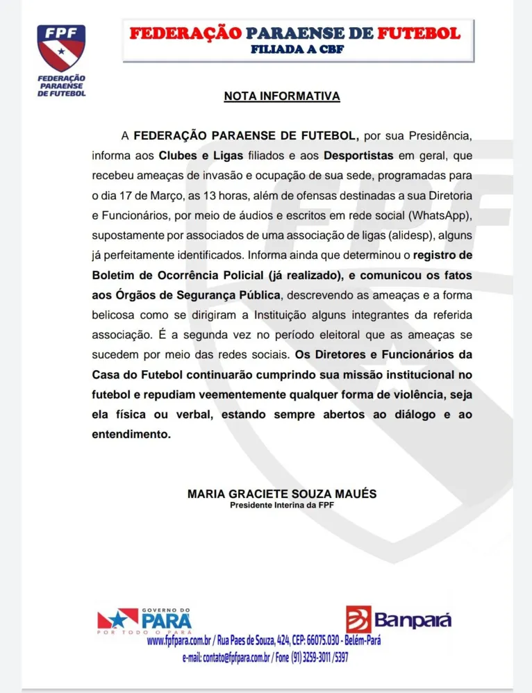 FPF registra B.O após suposta ameaça de invasão em sede