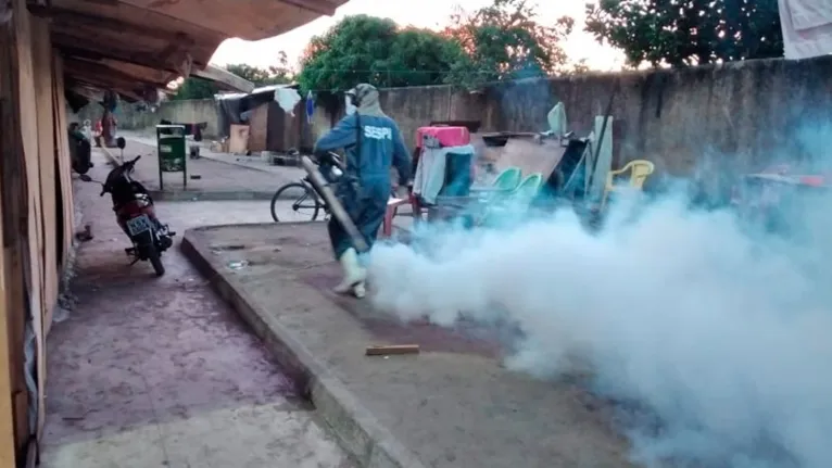 Trabalho de borrifação está sendo feito com bombas costais