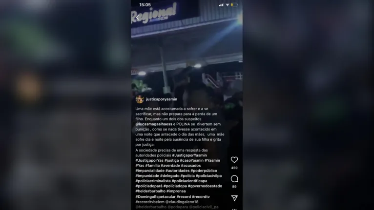 Mãe de Yasmin posta vídeo de suspeito em festa e desabafa