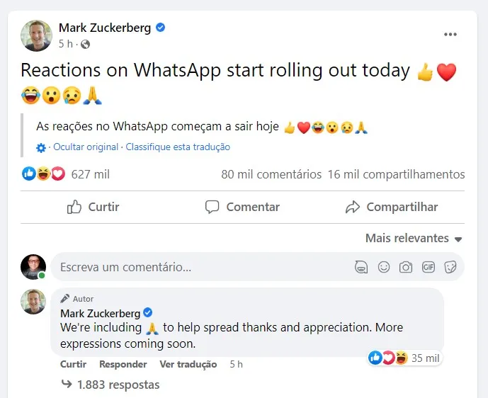 A novidade, inclusive, foi celebrada por Mark Zuckerberg, CEO da Meta, no Facebook