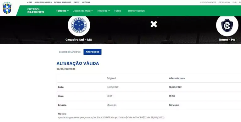 CBF modifica data de Cruzeiro e Remo na Copa do Brasil