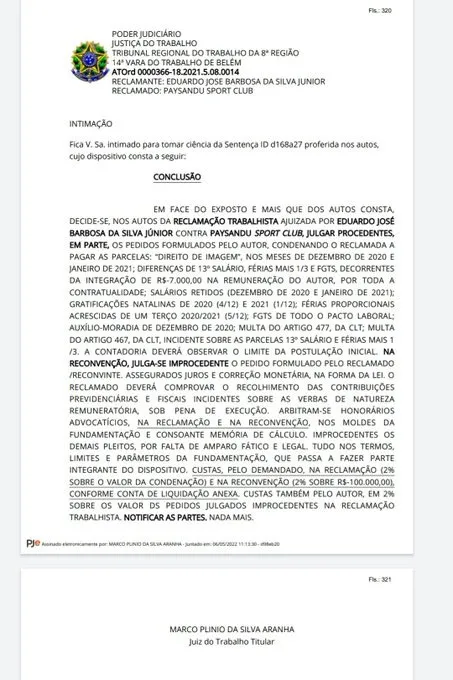 Paysandu é condenado indenizar meia Juninho. Saiba o valor!