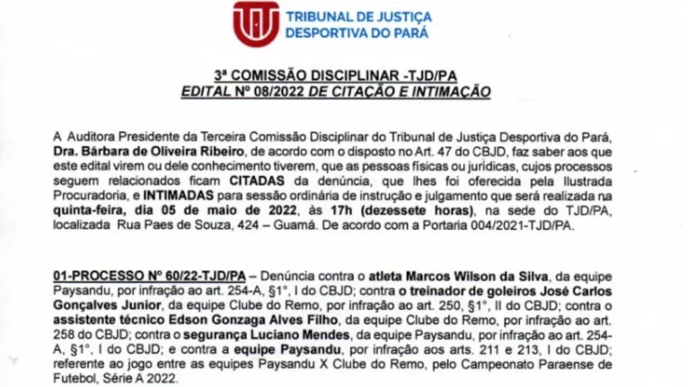 Intimação contra Paysandu e Clube do Remo