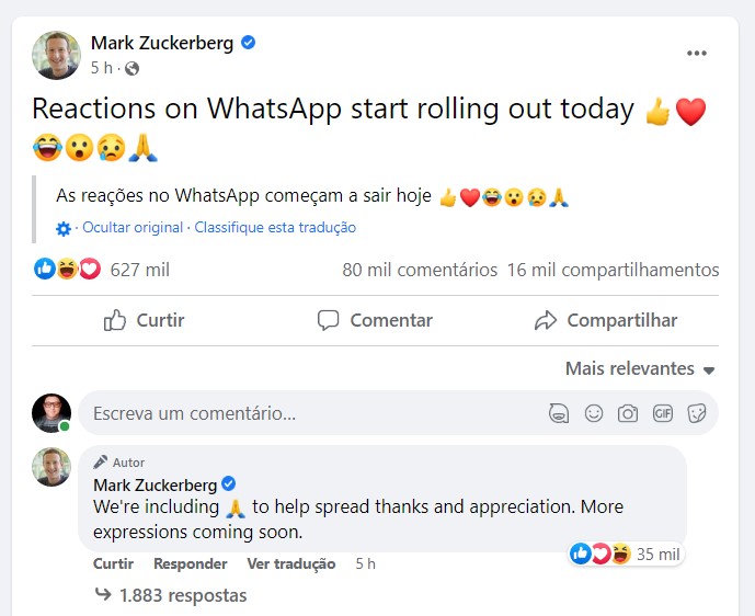 A novidade, inclusive, foi celebrada por Mark Zuckerberg, CEO da Meta, no Facebook