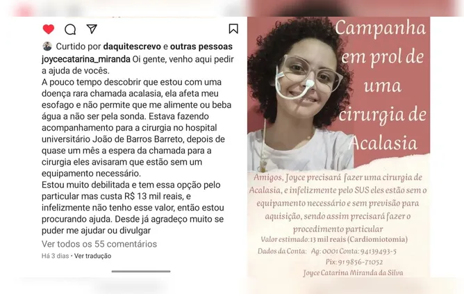 Jovem precisa de R$ 13 mil para fazer cirurgia no esôfago