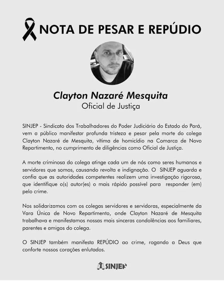 O Sinjep emitiu nota sobre a morte do oficial de justiça