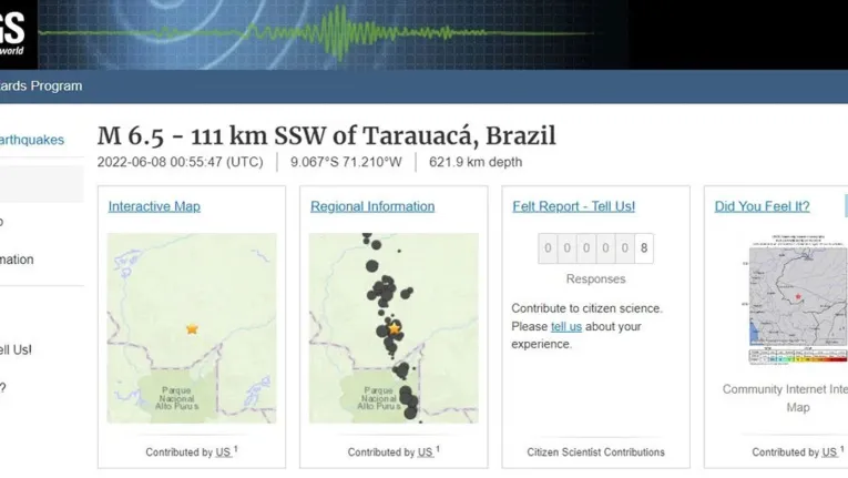 Serviço Geológico dos Estados Unidos registrou o terremoto no Acre.