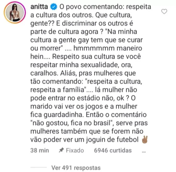 Cantora Anitta se posicionou sobre polêmicas em torno das tradições cataris