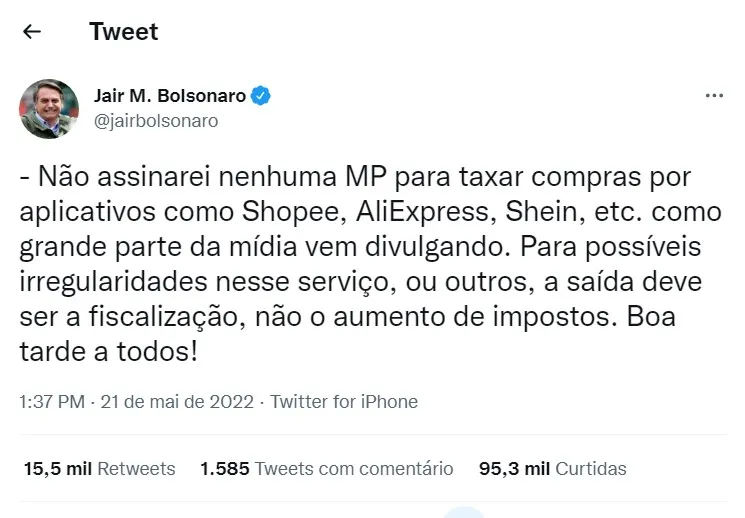 Presidente declarou em seu Twitter que não vai taxar compras pela internet